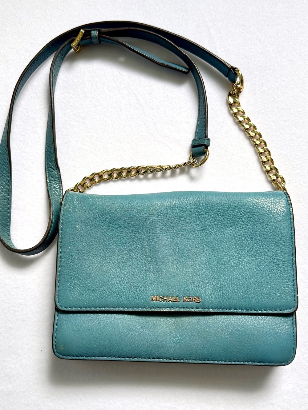 Michael Kors Bedford Crossbody Teal Blue Gold Chain